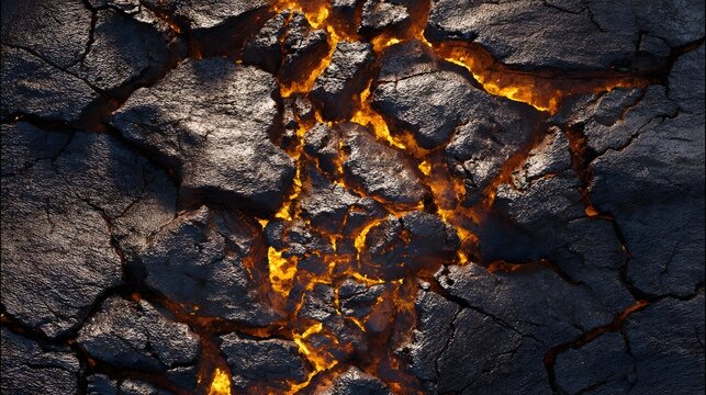 Close up of a rugged volcanic rock surface with intense glowing orange lava fissures running through the charred cracked texture