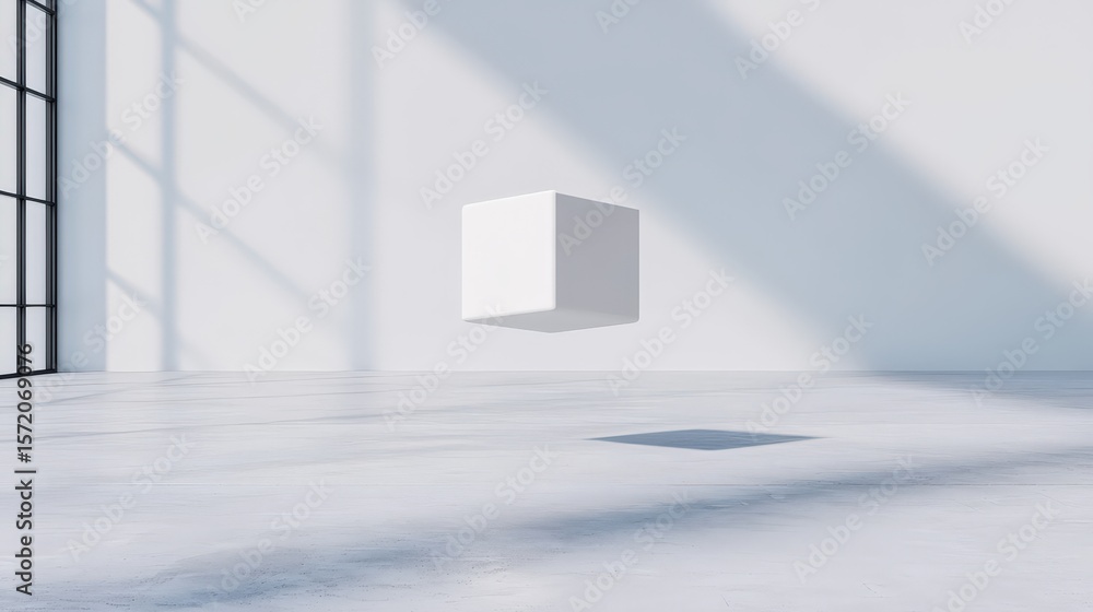 Poster a lone floating cube casting a soft shadow, minimal yet surreal in stark white space