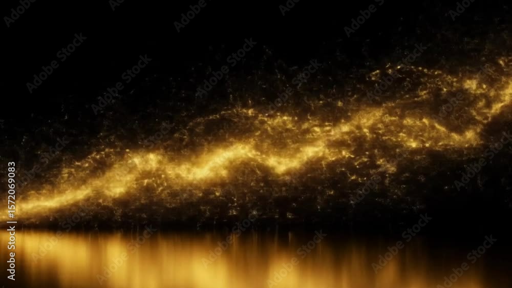 Poster golden particles flowing across a dark background with a reflective surface at the bottom edge