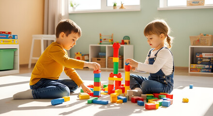 Children Building with Blocks in Playroom with Creative Fun