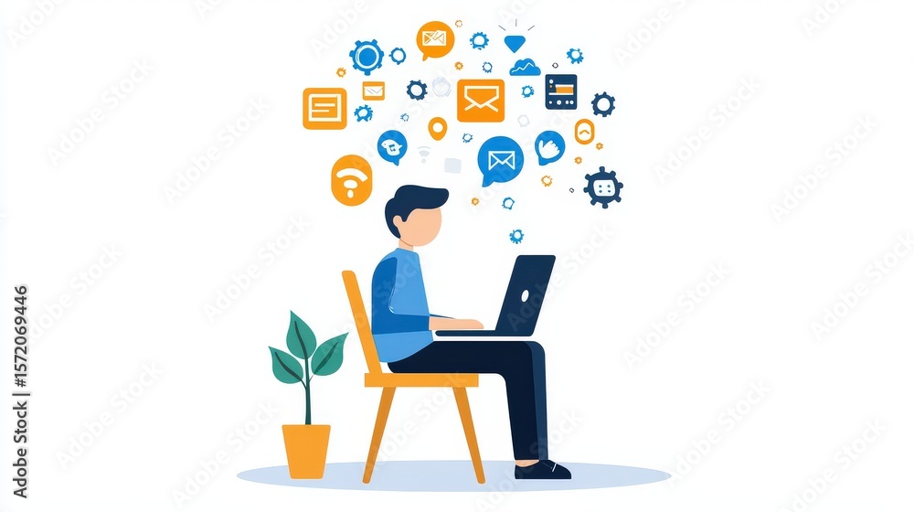 Poster a modern clipart of a coder typing on a laptop with code symbols floating above, minimal and clean d