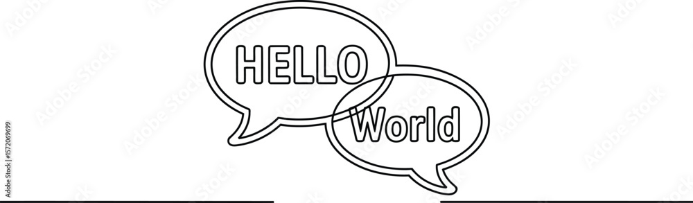 Poster a simple line drawing of two speech bubbles with the words hello and world inside them on a gray bac