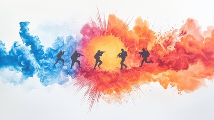 Naklejka premium A scene mid-action in a vivid storytelling collage, textures of movement and emotion captured under bold, dramatic light