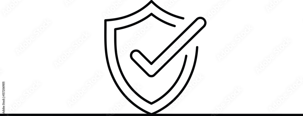 Poster a simple line drawing of a shield with a check mark inside and a horizontal line below it on white
