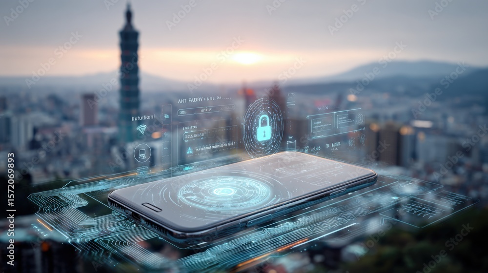 Poster futuristic smartphone with holographic digital interface displaying security icons over a cityscape 