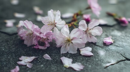 Delicate pink cherry blossom petals gracefully scattered across a tranquil gray stone surface capturing the serene beauty of springtime