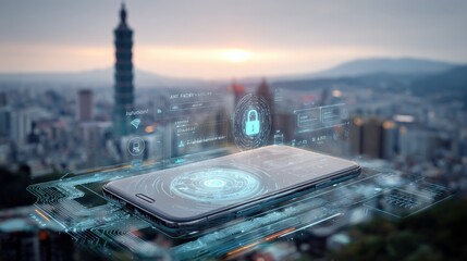 Futuristic smartphone with holographic digital interface displaying security icons over a cityscape background with skyscrapers and sunset sky