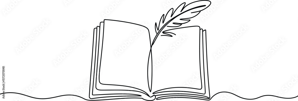 Poster a continuous line drawing of an open book with a quill pen resting on the pages on a white backgroun