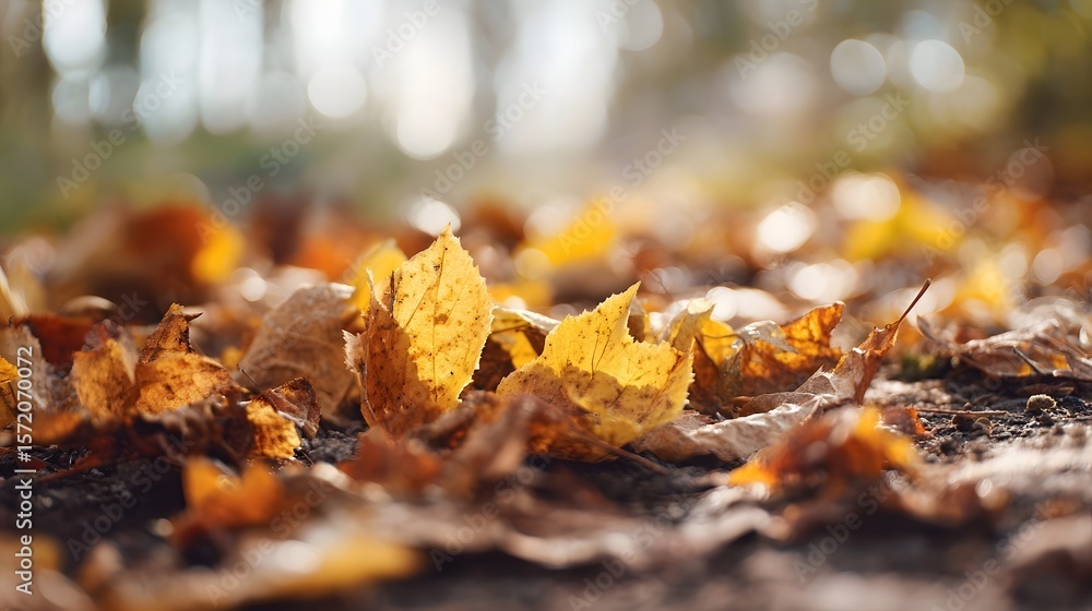Poster close up of a vibrant display of yellow and brown autumn leaves scattered across the forest floor wi