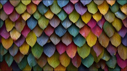 A visually striking mosaic of colorful overlapping leaves arranged in a symmetrical fish scale pattern evoking the vibrant hues of autumn foliage