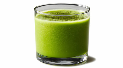 Fresh cold pressed green juice served in a clear glass with vibrant green color and smooth texture, placed on white background for a healthy and refreshing presentation.