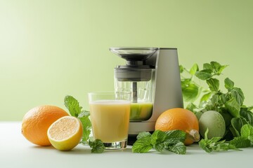 Fresh juice blend, modern blender, citrus fruits, mint leaves, light green background