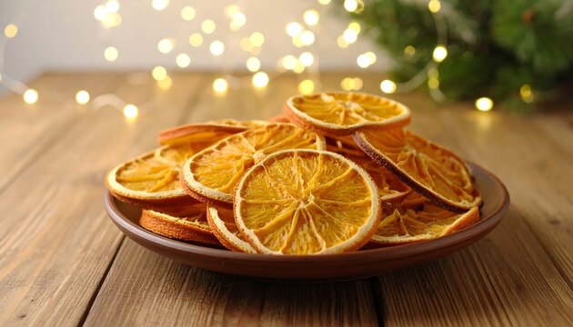 Dried orange slices on rustic plate, festive background