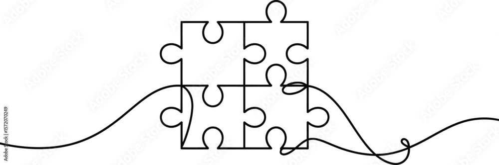 Aufkleber continuous line drawing of four jigsaw puzzle pieces connected with a single flowing line on white
