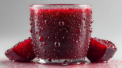 Cold beetroot juice served in a clear glass with condensation droplets, surrounded by fresh beet slices, highlighting a refreshing and healthy drink.