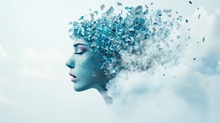 A surreal visual of words flowing from a character mind to paper--emotions, colors, and textures blending in dramatic composition