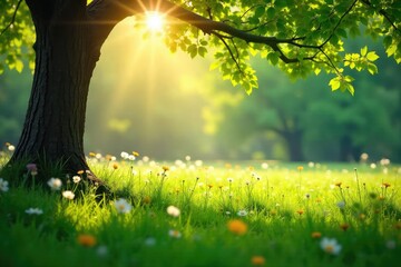 Serene sunlight filters through leaves onto a tranquil branch-laden meadow, wildflowers dotting the lush green grass Perfect for nature, spring, or pastoral themes , nature, beautiful