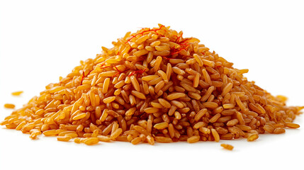 Close-up of a pile of uncooked saffron rice grains with golden yellow color and visible saffron threads, isolated on white background.