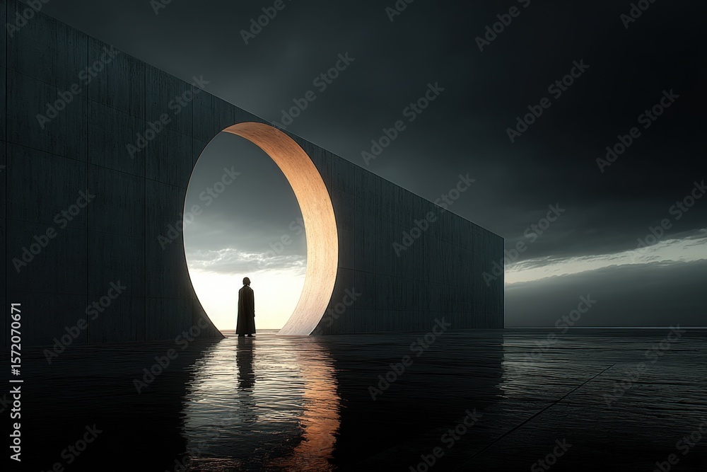 Poster modern minimalist architecture structure with large circular opening and a solitary figure standing 