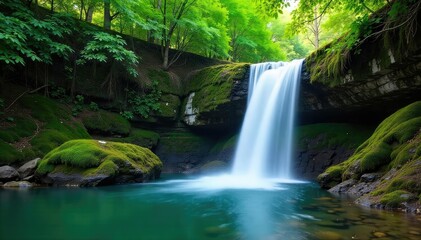 Serene waterfall cascading over mossy rocks, creating a tranquil and peaceful atmosphere perfect for relaxation and meditation Ideal for spa, travel, and nature themes , soothing, wellness, geology