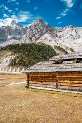 Row of White Shambhala Pagodas in a Himalayan Mountain Valley