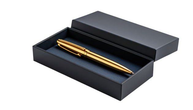 Gold pen in gray box isolated on transparent background