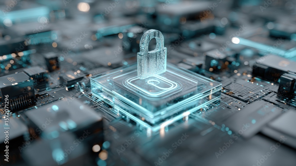 Poster highly detailed digital illustration of a security lock icon embedded in a circuit board representin