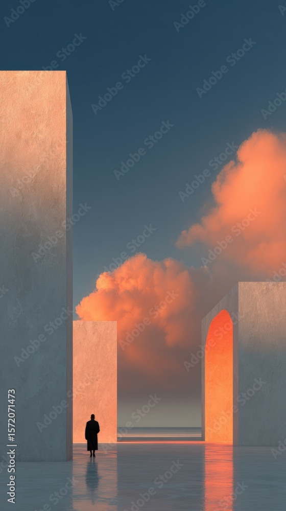 Poster surreal minimalist landscape with large-scale abstract structures and a lone figure walking toward a