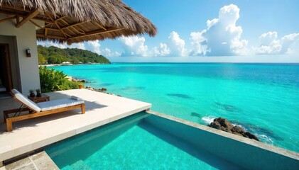 Sun-drenched beach, crystal-clear turquoise water, luxurious private villa with infinity pool overlooking the ocean Escape to paradise and unwind in ultimate comfort , exclusive, unwind, rejuvenate