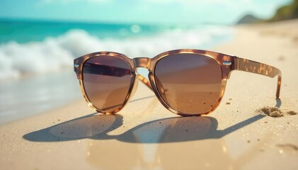 Stylish sunglasses resting on a vibrant summer beach scene, reflecting sunlight and ocean waves Perfect for travel, summer vacation, and holiday themes , beach, sun, blue