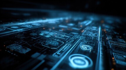 Futuristic digital technology interface with glowing holographic screens and data connections in a high-tech network environment