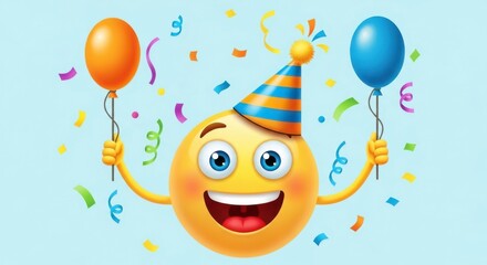 A cheerful emoji celebrating a birthday with balloons and confetti