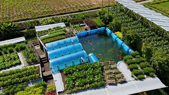 Aerial view of a vibrant aquaponics system featuring a fish pond and diverse plant cultivation beds