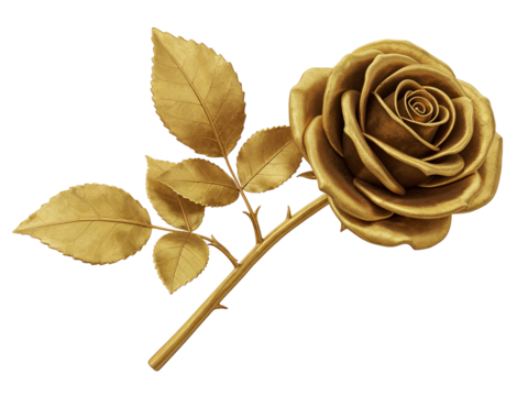 Luxurious golden rose with leaves and thorns isolated on transparent background