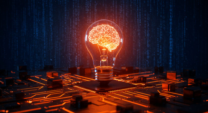 Artificial Intelligence Concept with Brain Inside a Glowing Light Bulb on a Circuit Board, Representing Innovation, Technology