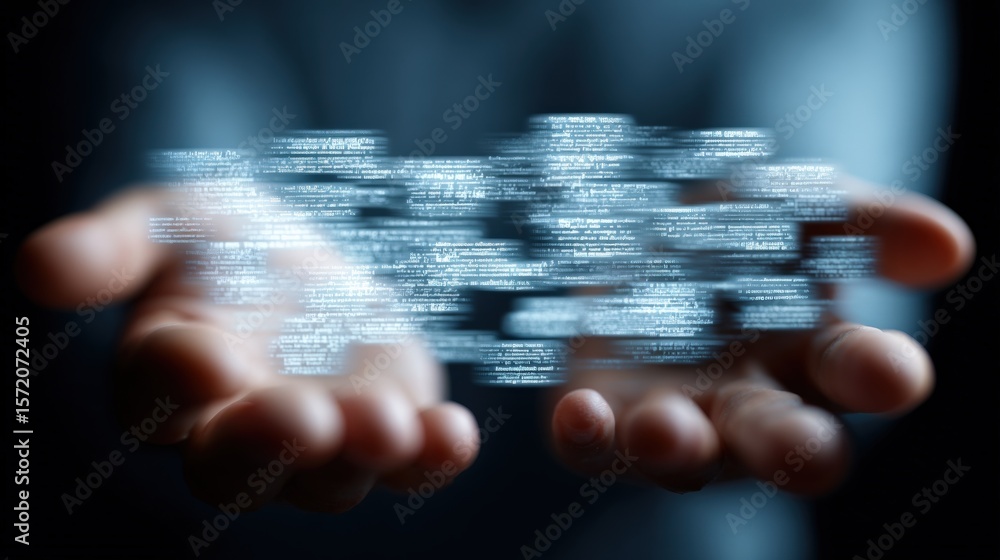 Poster high-tech digital hologram of glowing data code floating above human hand in futuristic technology c
