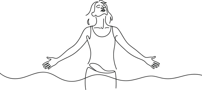 A minimalistic line art of a woman with arms outstretched against a cloudy sky and bright light above - Powered by Adobe