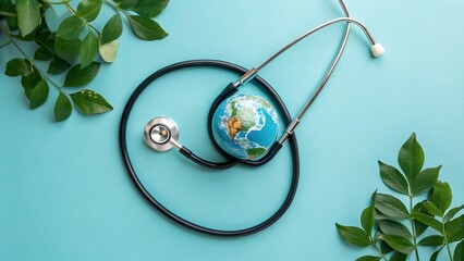Stethoscope encircling globe with green leaves earth