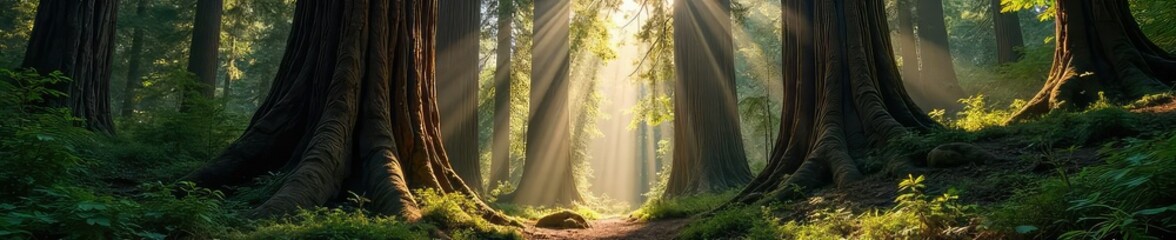 Towering redwood trees reach for the sky in a majestic old-growth forest, sunlight dappling the forest floor A breathtaking display of nature's grandeur and timeless beauty , perspective, growth