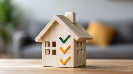 Home inspections with checklist. Wooden house model with checkmarks on a table in a cozy interior.