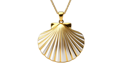 Gold shell pendant necklace isolated on transparent background