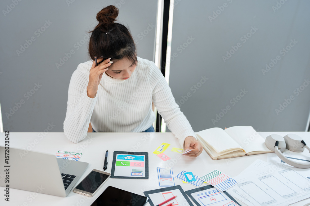 Poster website designer, creative planning phone app development template layout framework wireframe design