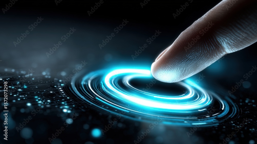 Aufkleber hightechnology finger touching digital circular interface with glowing light effect on cyber backgro