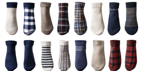 Assorted Colorful Socks Displayed in a Variety of Styles isolated on white png transparent background
