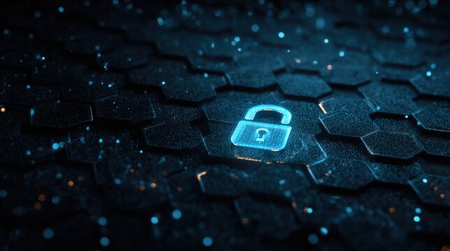 Close-up of illuminated digital security lock icon on hexagonal cyber security technology background with futuristic glowing elements and data network visualization