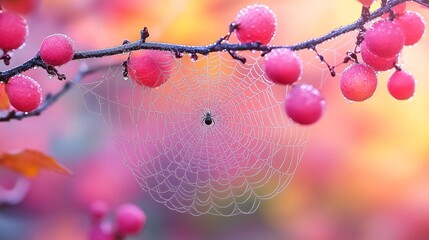 Cherry blossom on branch with delicate spider web

