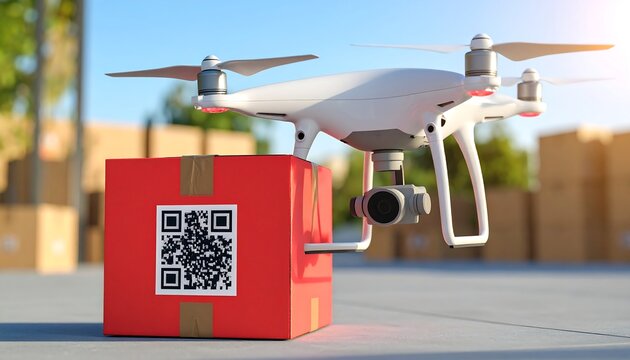 Drone delivers red package with QR code