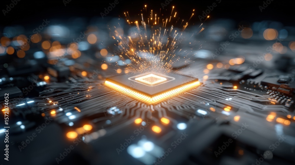 Poster close-up of a futuristic glowing microchip on a printed circuit board with sparks and bokeh light ef