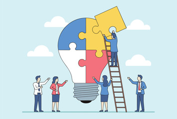 Business team assembling light bulb puzzle, teamwork collaboration concept, strategy planning, creative solutions, innovation idea generation, professional office illustration design