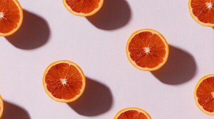 minimalist flat lay of red oranges with shadows on pastel background, citrus art composition